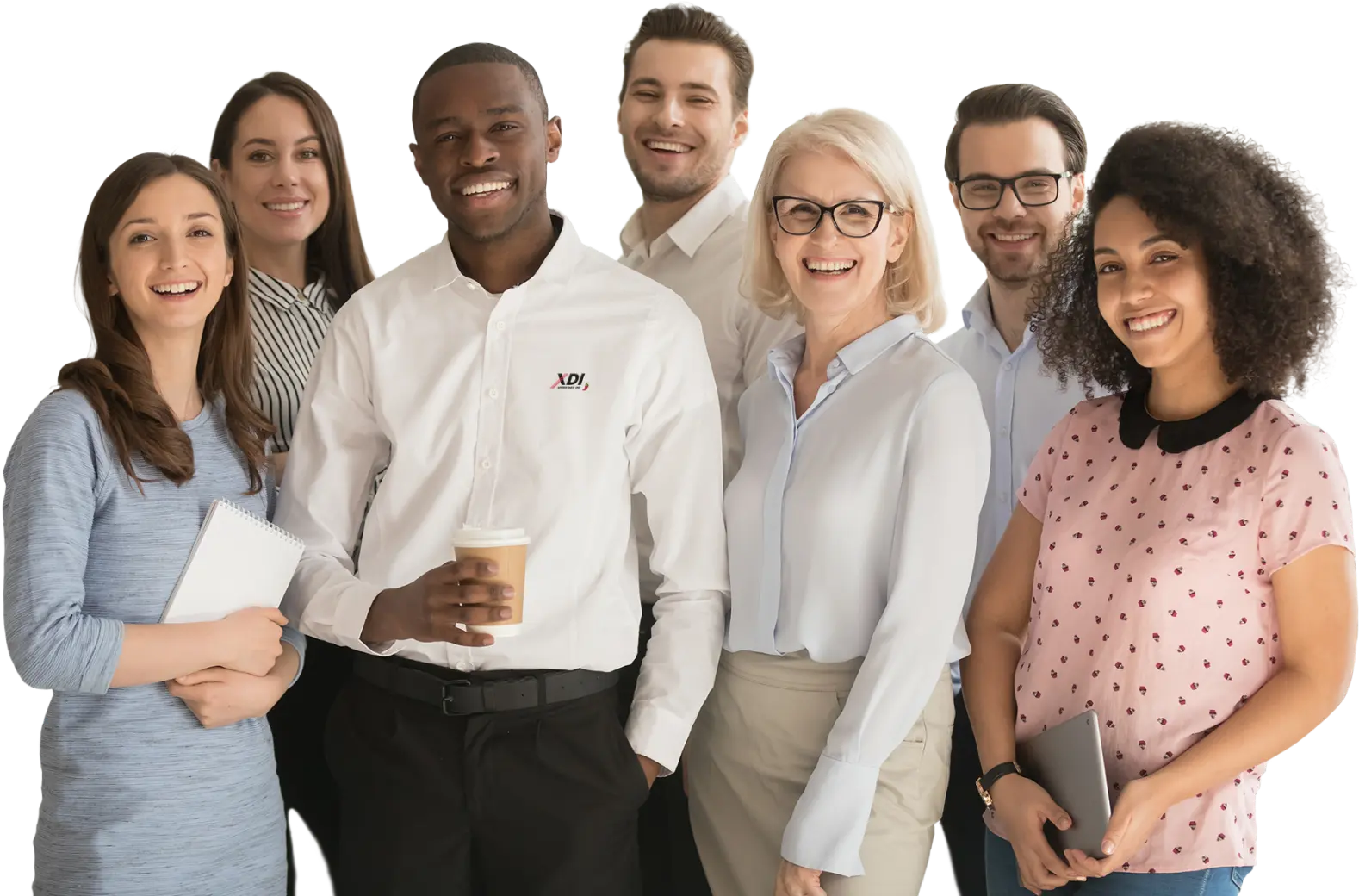 A diverse group of professionals in portrait, looking at the camera.